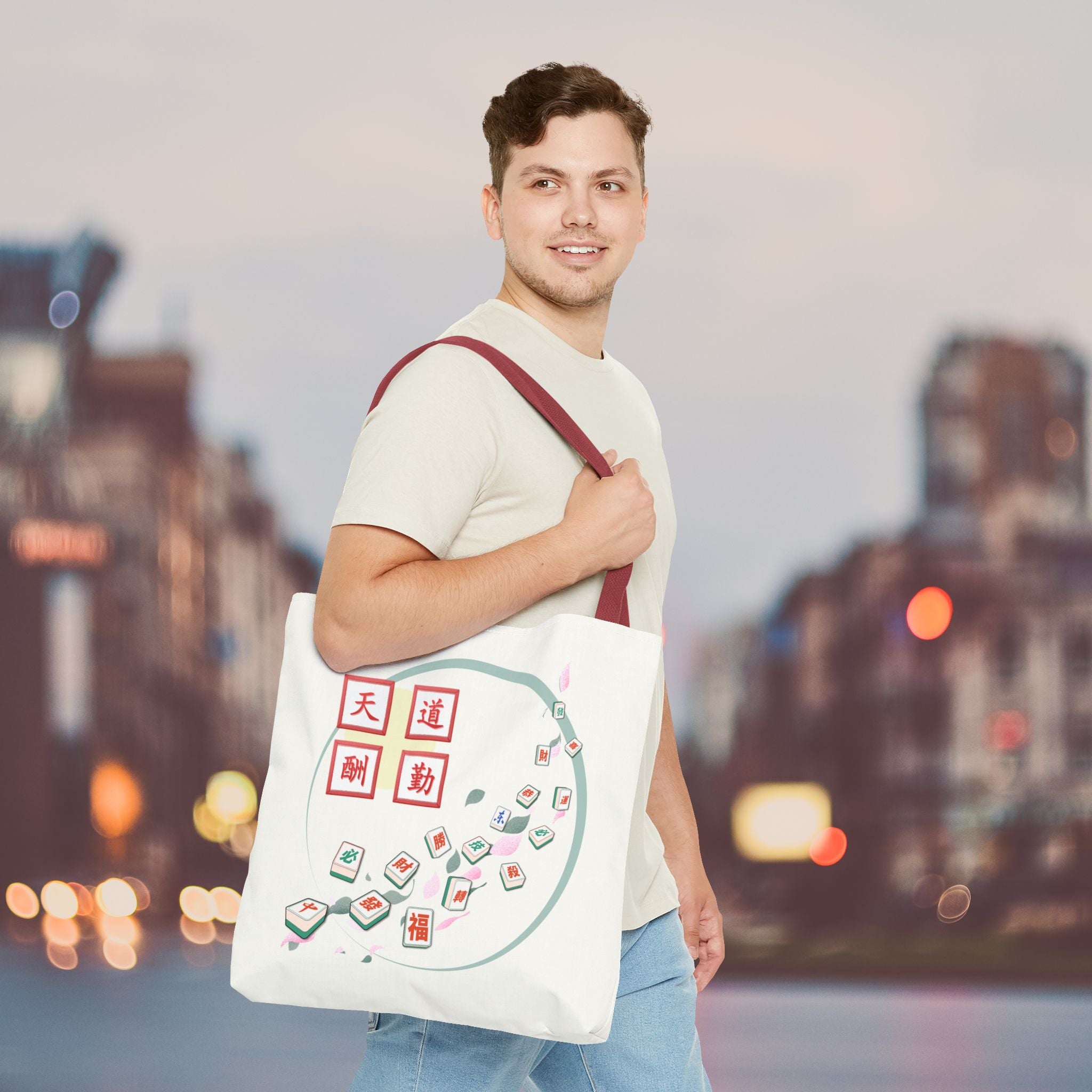 Mahjong Tiles Tote Bag — Zen Mahjong Design with Chinese Characters