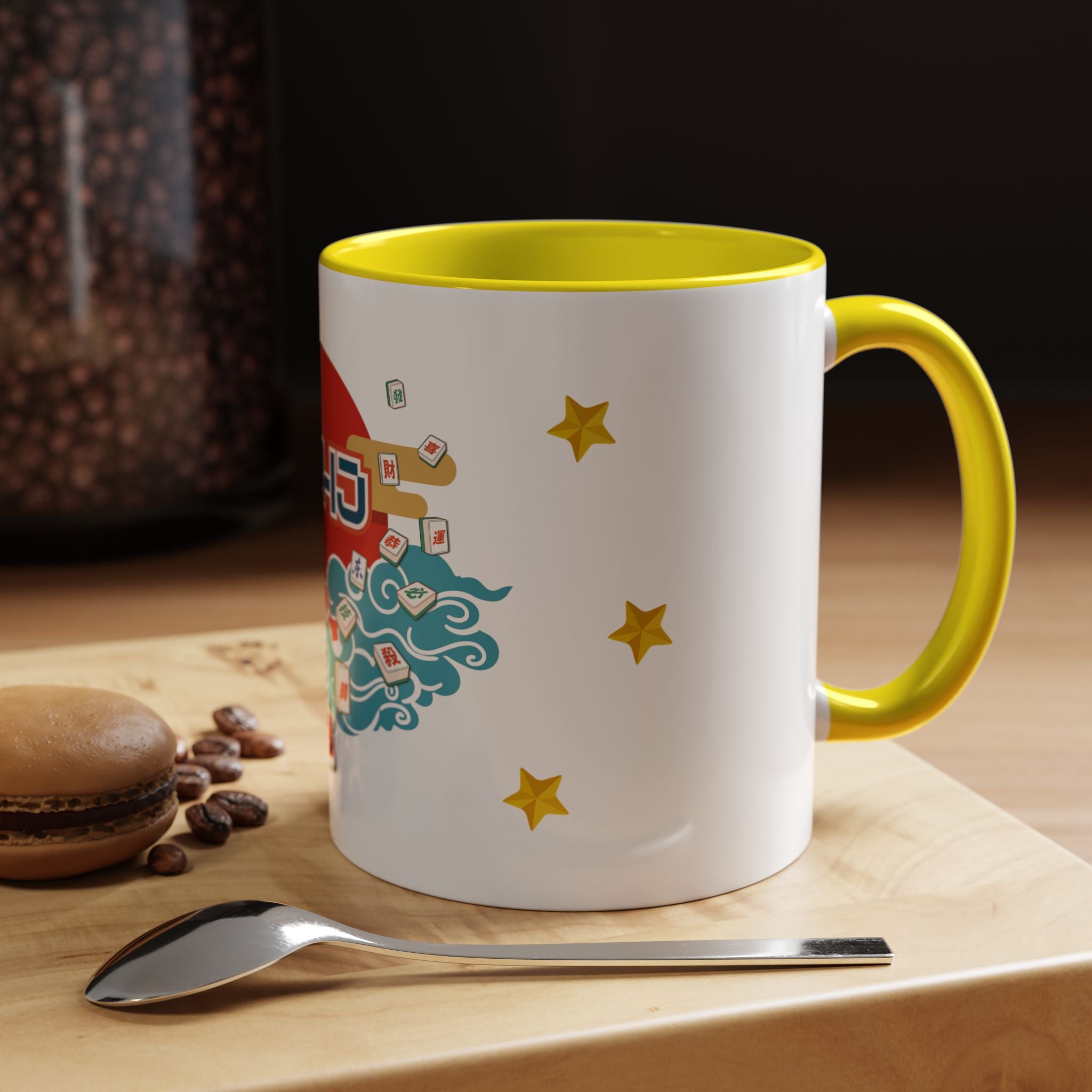 Mahjong Accent Coffee Mug — Retro Sun & Wave Mahjong Tiles Design (11/15oz)