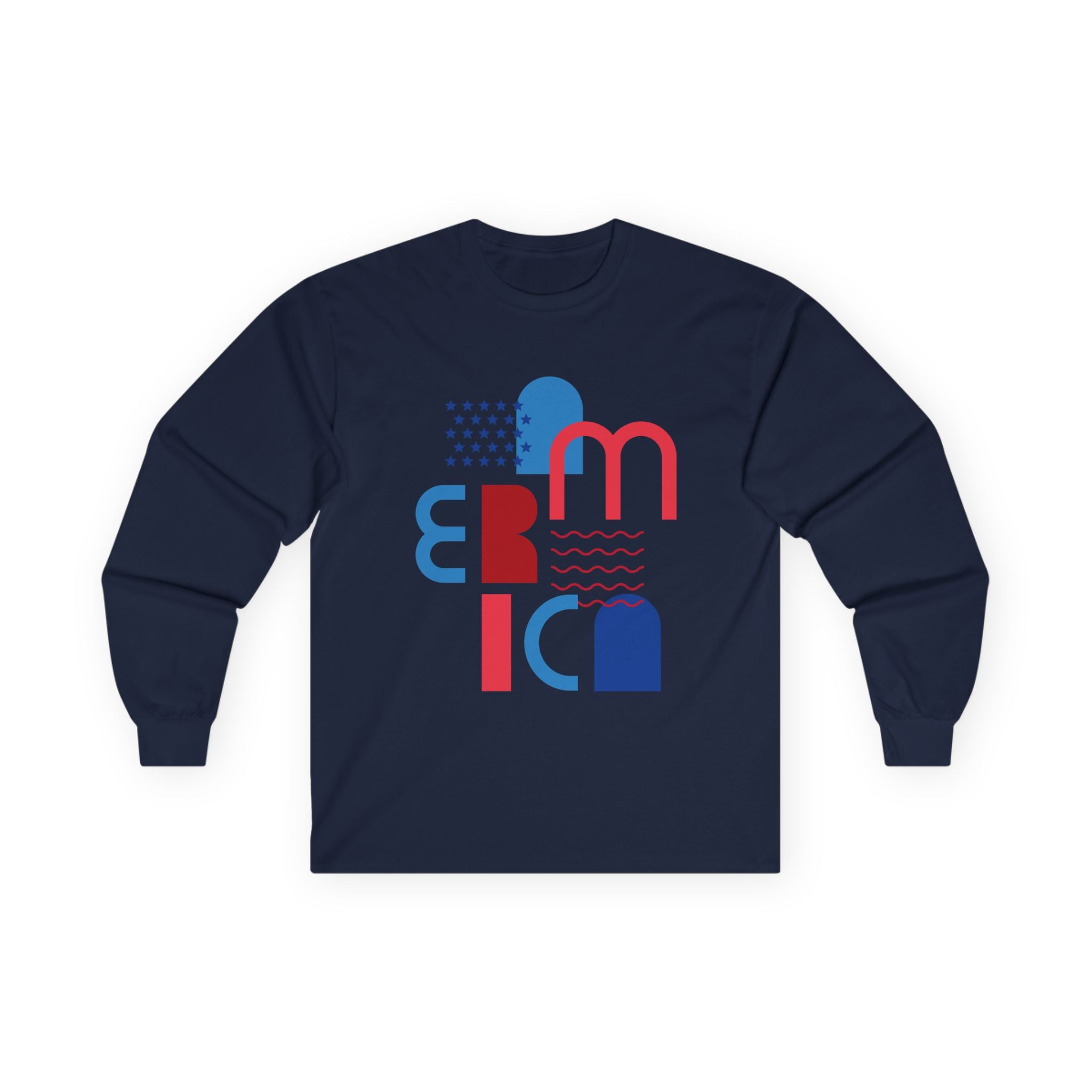 America Minimalist Long Sleeve Tee — Red & Blue Geometric Design