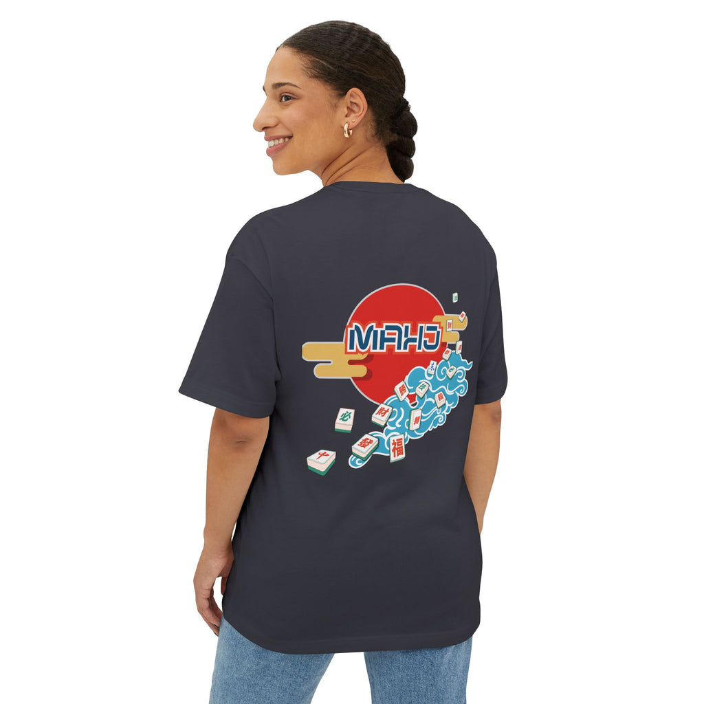 Mahjong Wave Graphic Tee with Back Graphic — Retro Sun Mahjong Tiles Oversized T-Shirt
