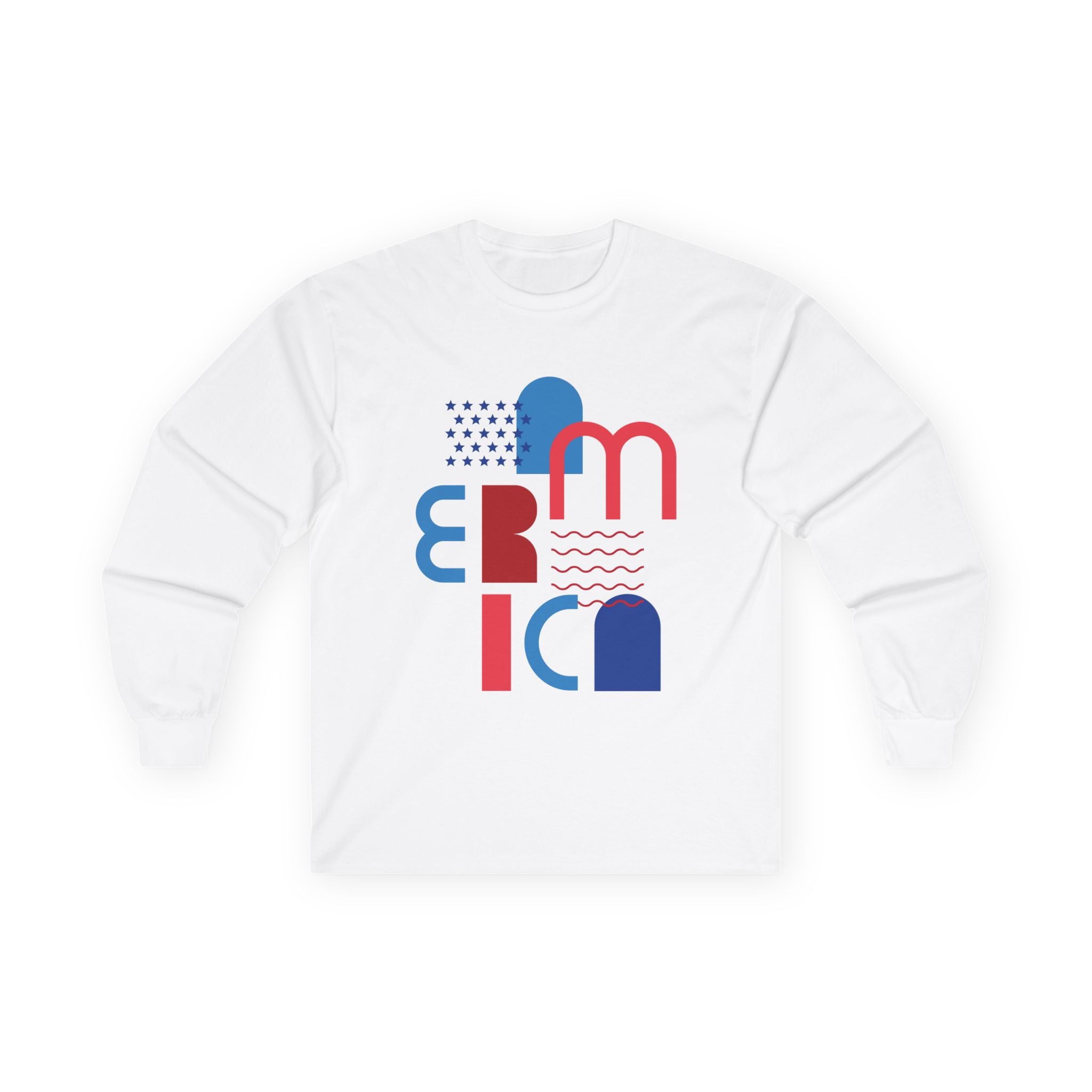 America Minimalist Long Sleeve Tee — Red & Blue Geometric Design