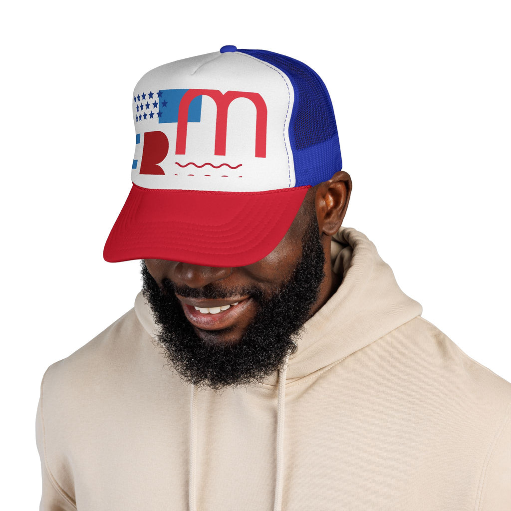 Patriotic Retro USA Trucker Cap — Red, White & Blue Flag Design