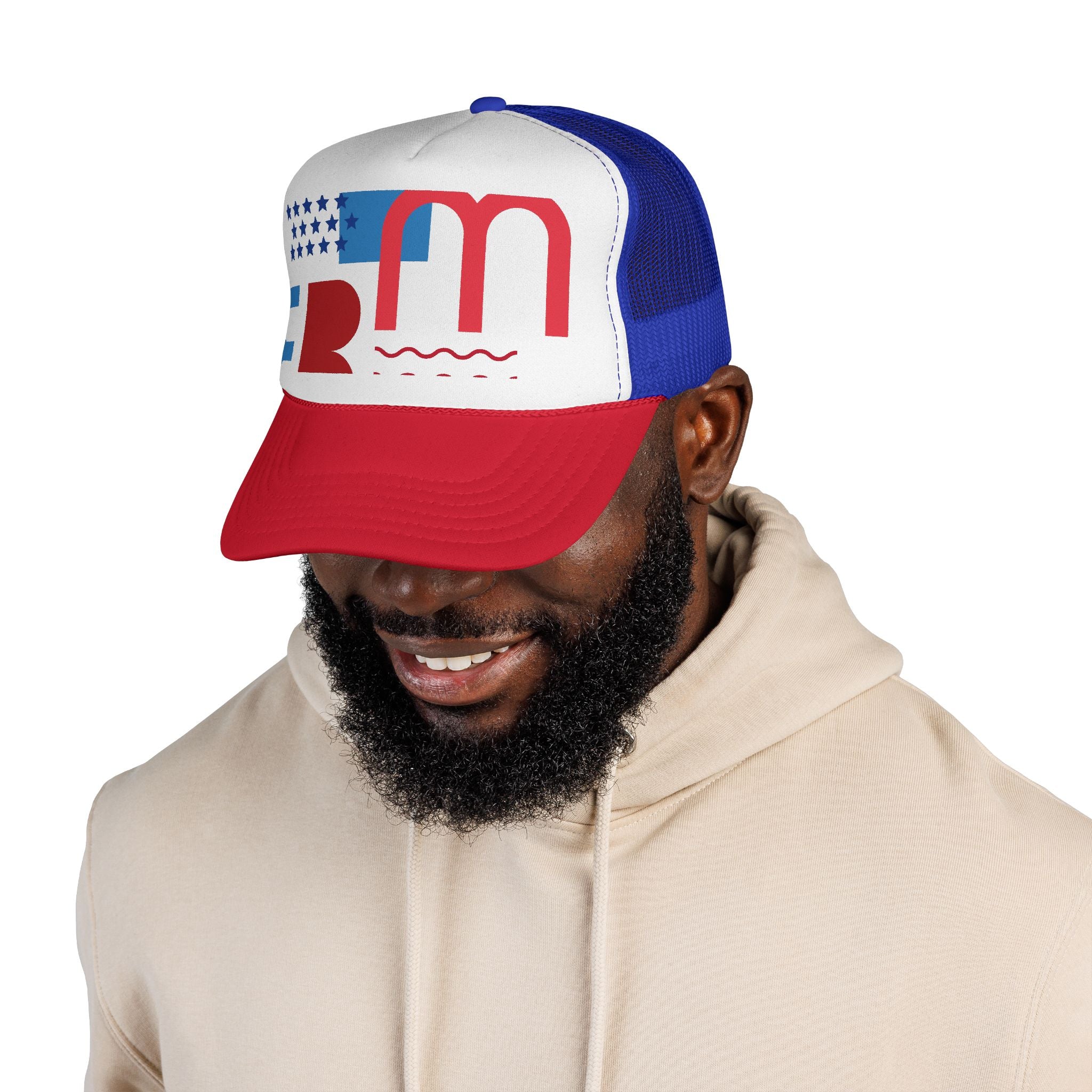 Patriotic Retro USA Trucker Cap — Red, White & Blue Flag Design