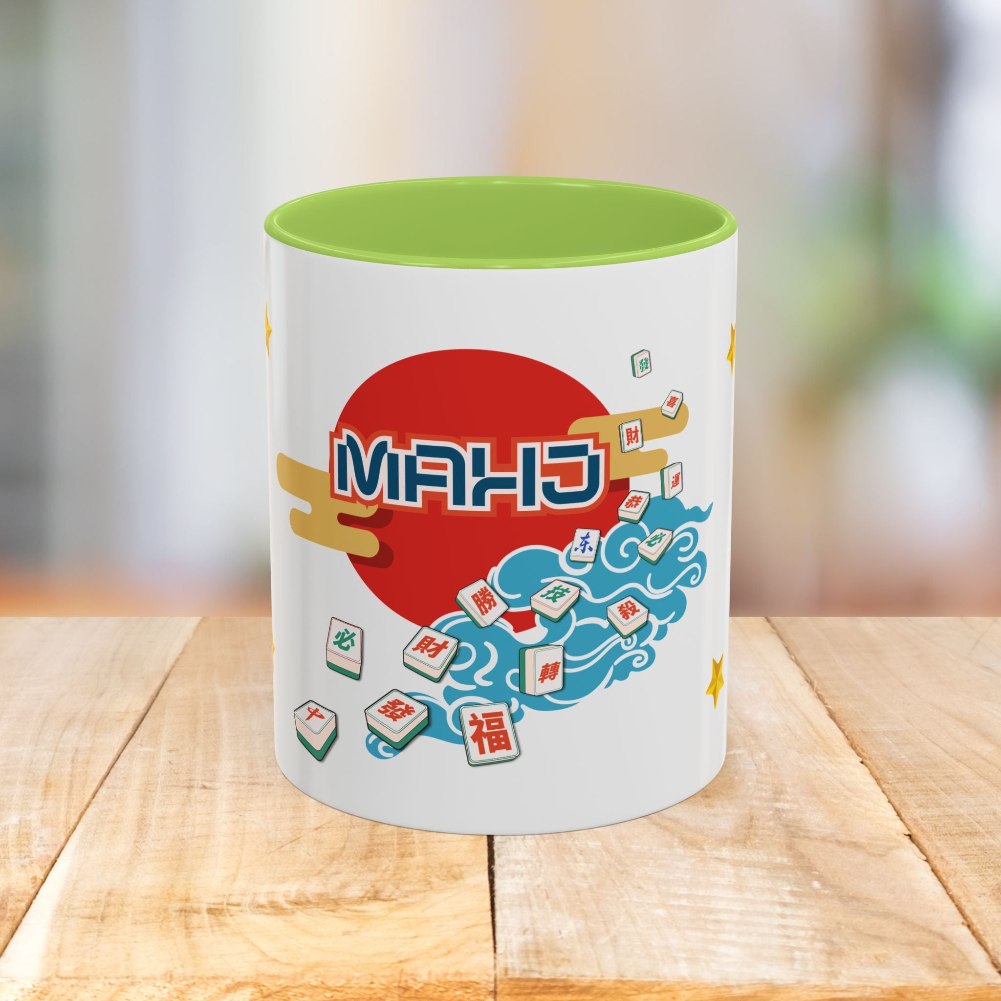 Mahjong Accent Coffee Mug — Retro Sun & Wave Mahjong Tiles Design (11/15oz)