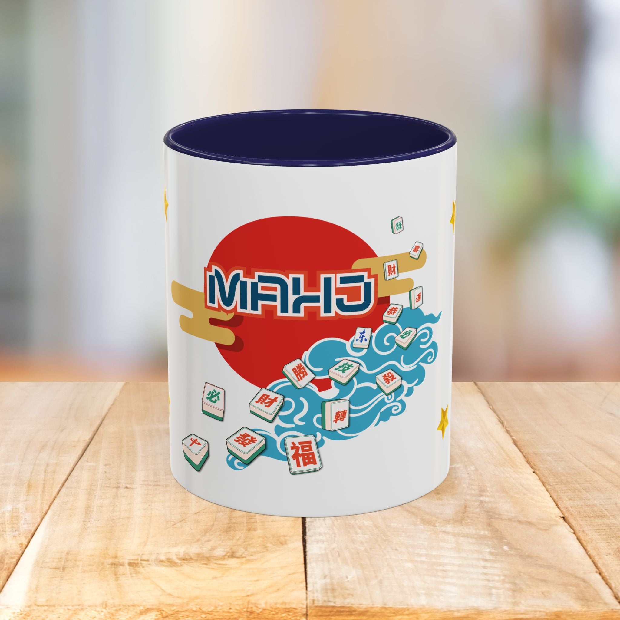 Mahjong Accent Coffee Mug — Retro Sun & Wave Mahjong Tiles Design (11/15oz)