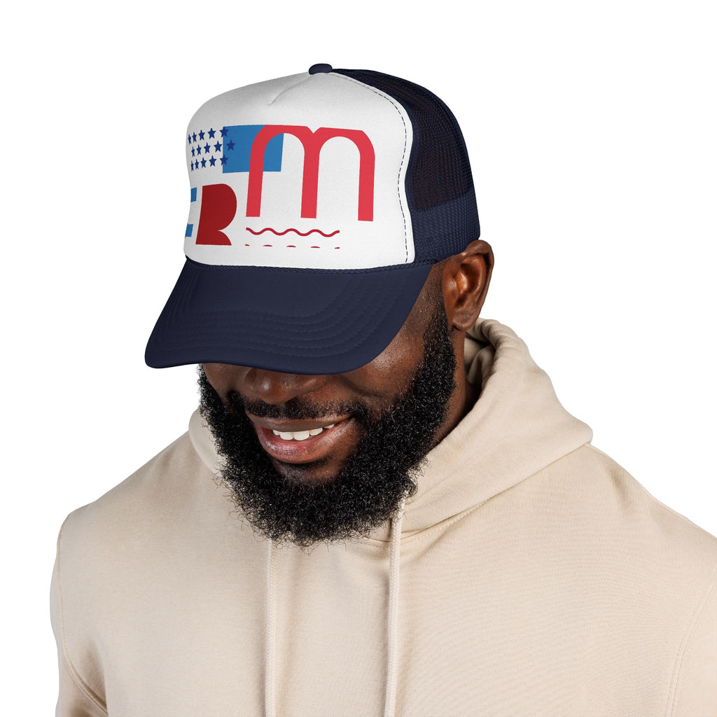 Patriotic Retro USA Trucker Cap — Red, White & Blue Flag Design