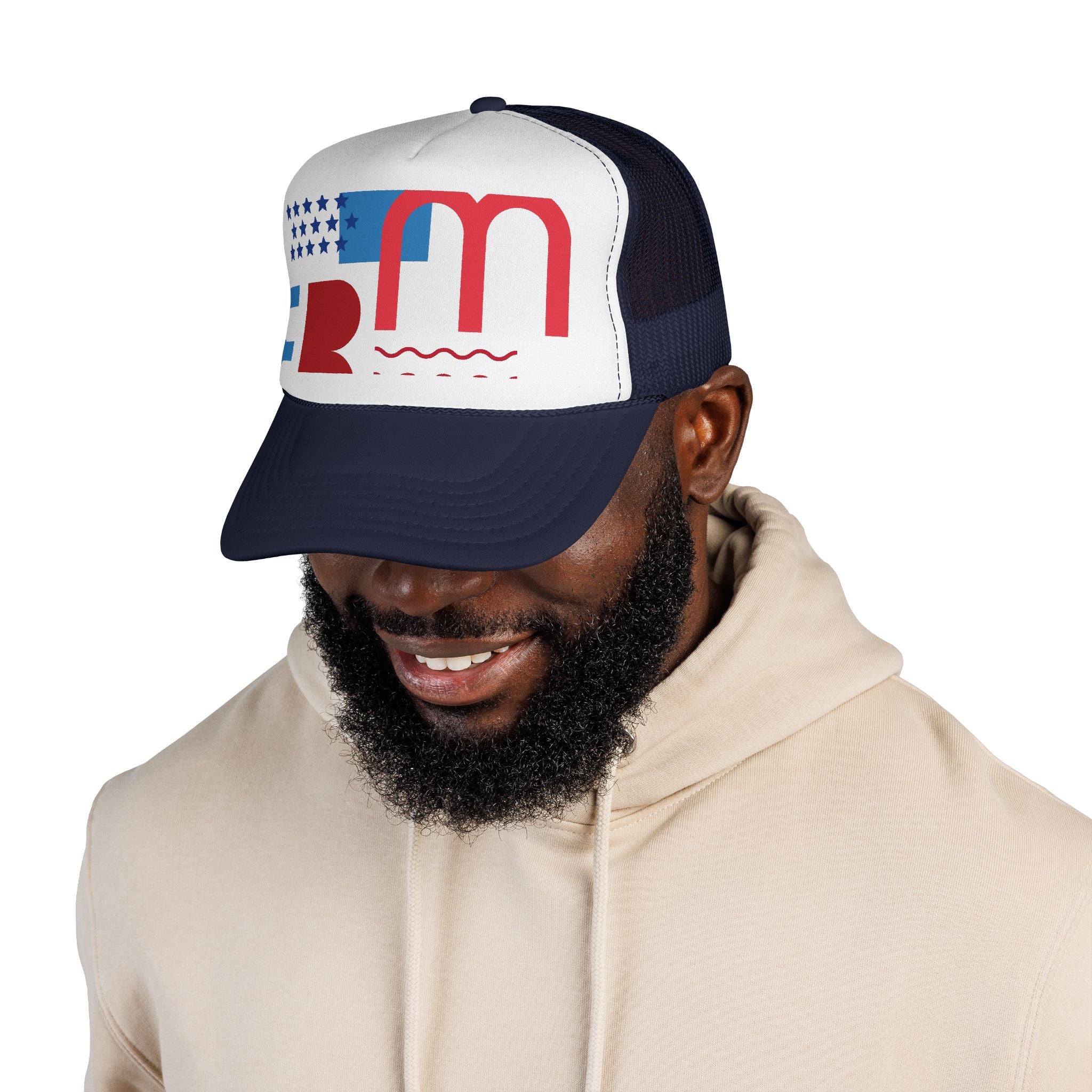 Patriotic Retro USA Trucker Cap — Red, White & Blue Flag Design