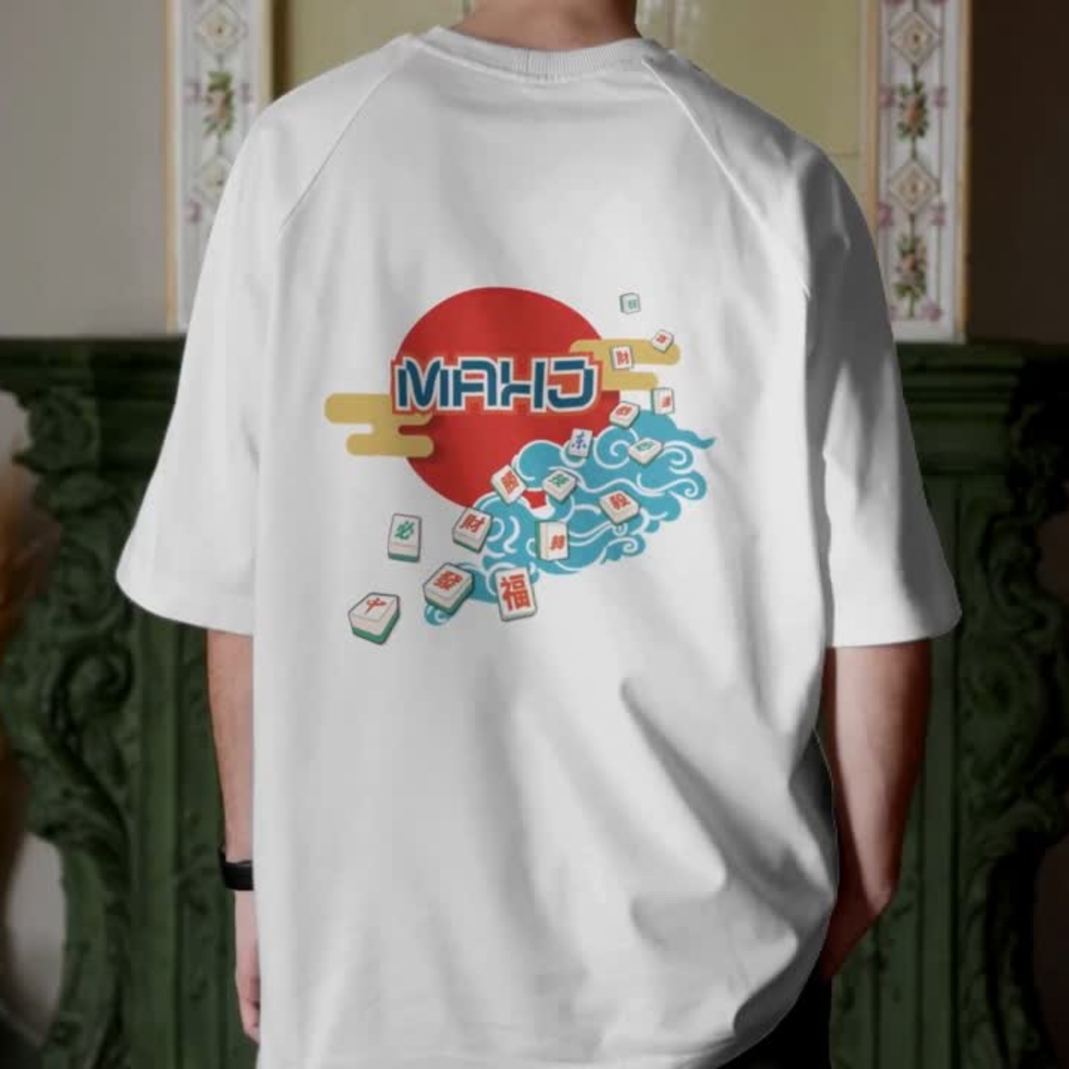 Mahjong Wave Graphic Tee with Back Graphic — Retro Sun Mahjong Tiles Oversized T-Shirt