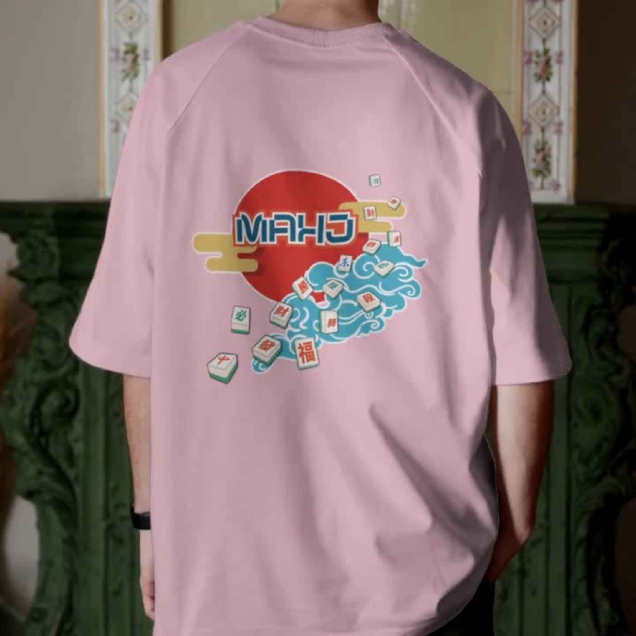 Mahjong Wave Graphic Tee with Back Graphic — Retro Sun Mahjong Tiles Oversized T-Shirt
