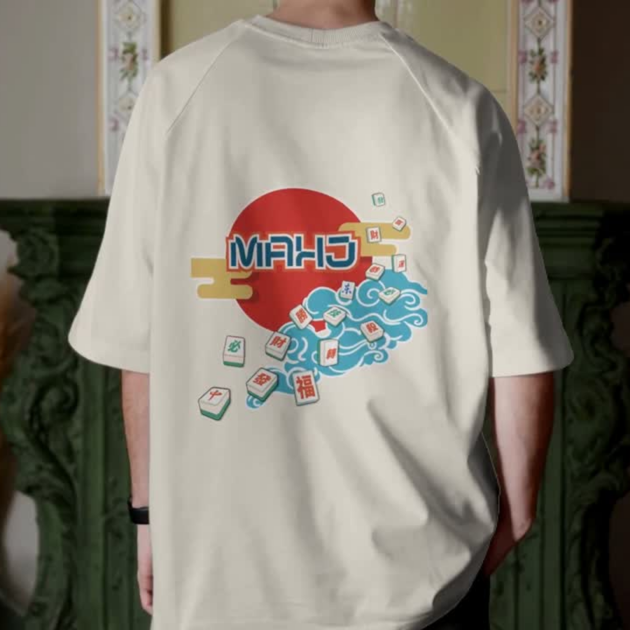 Mahjong Wave Graphic Tee with Back Graphic — Retro Sun Mahjong Tiles Oversized T-Shirt