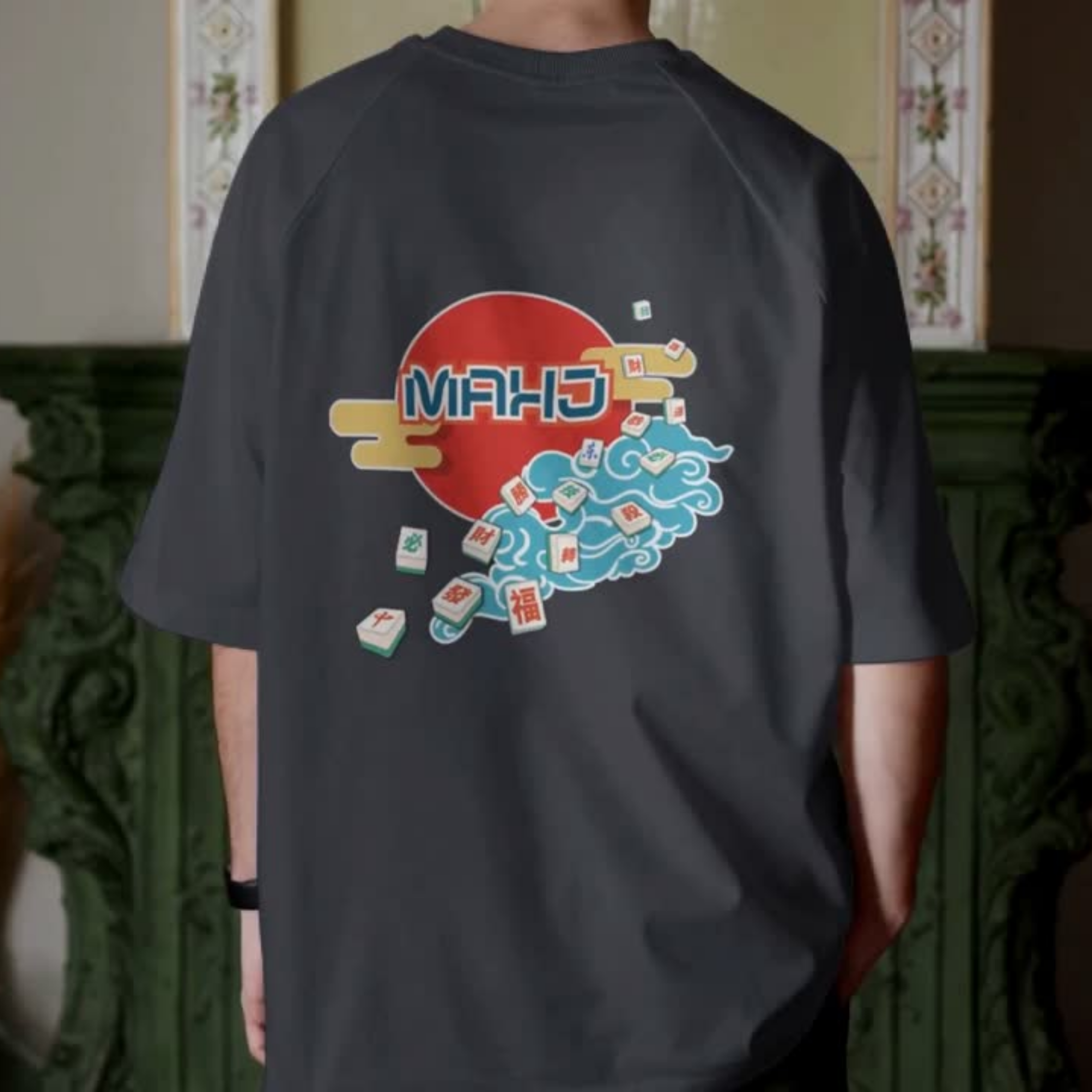 Mahjong Wave Graphic Tee with Back Graphic — Retro Sun Mahjong Tiles Oversized T-Shirt