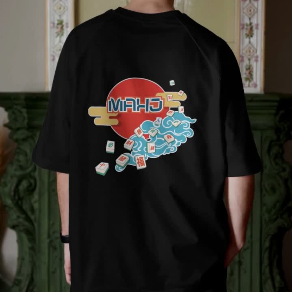 Mahjong Wave Graphic Tee with Back Graphic — Retro Sun Mahjong Tiles Oversized T-Shirt