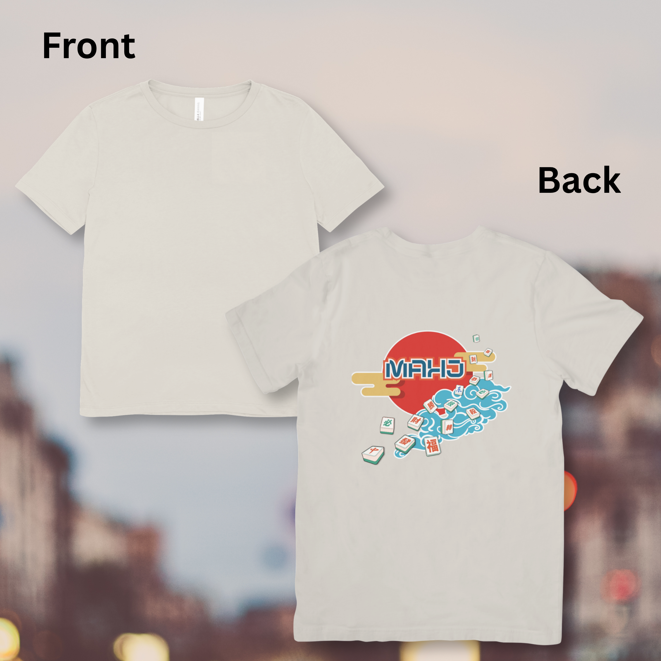 Mahjong Wave Graphic Tee with Back Graphic — Retro Sun Mahjong Tiles Oversized T-Shirt