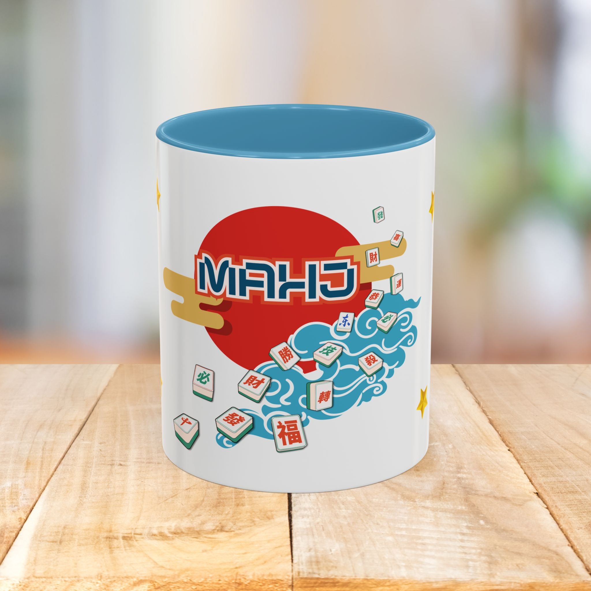 Mahjong Accent Coffee Mug — Retro Sun & Wave Mahjong Tiles Design (11/15oz)