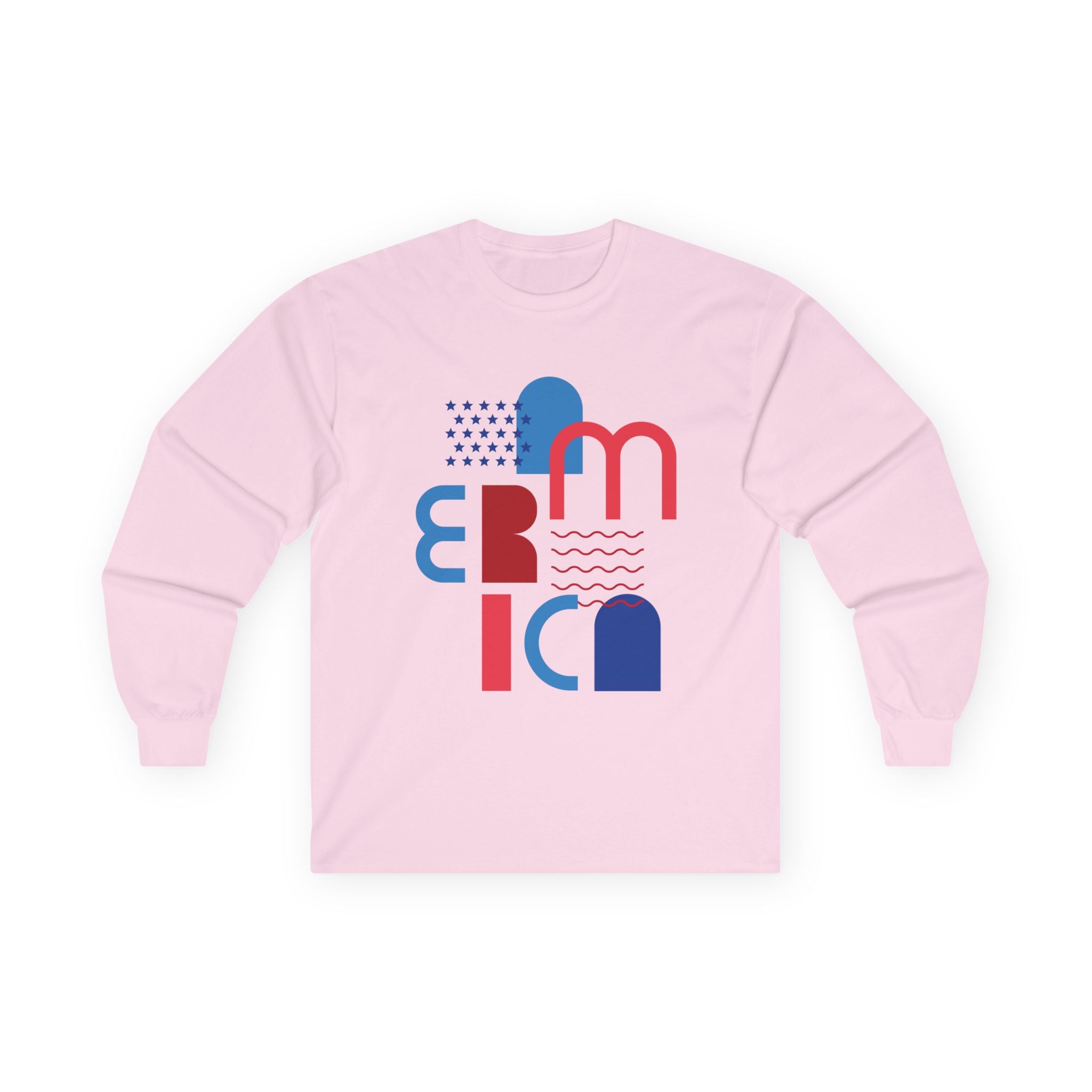 America Minimalist Long Sleeve Tee — Red & Blue Geometric Design