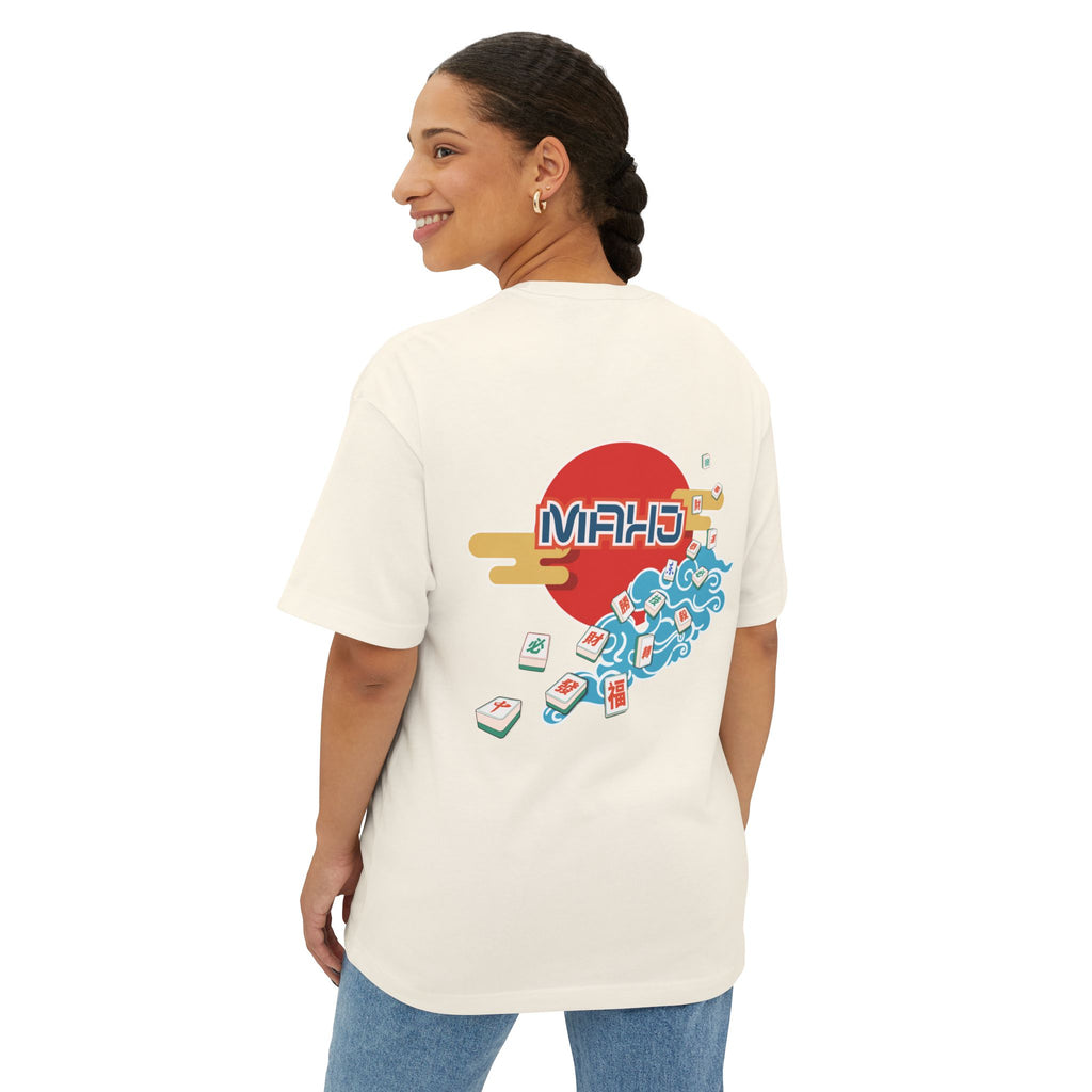 Mahjong Wave Graphic Tee with Back Graphic — Retro Sun Mahjong Tiles Oversized T-Shirt