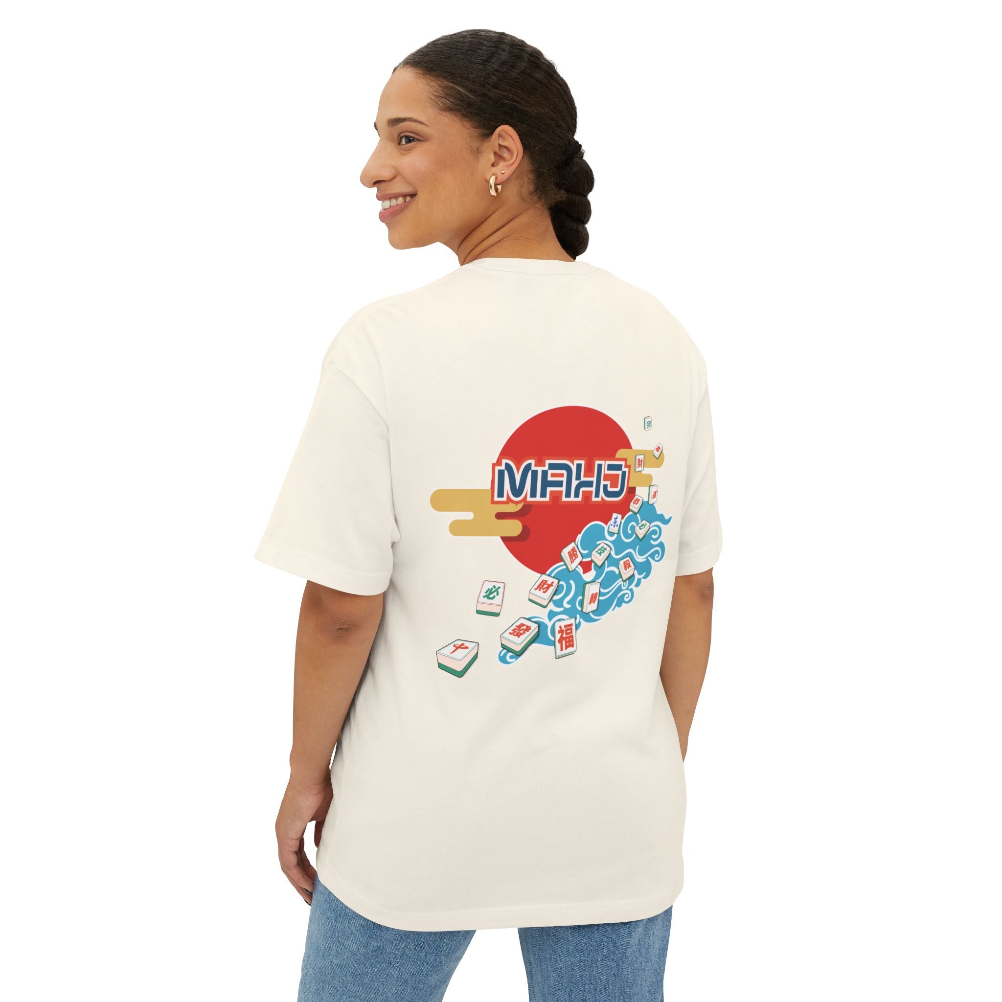 Mahjong Wave Graphic Tee with Back Graphic — Retro Sun Mahjong Tiles Oversized T-Shirt