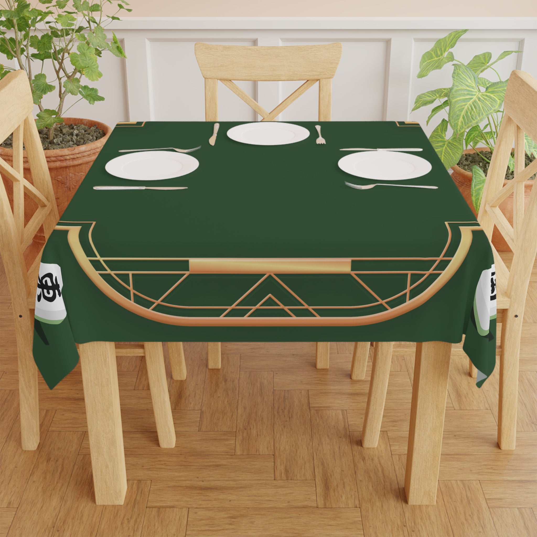 Mahjong Night Tablecloth — Green Asian-Inspired Game Table Cover