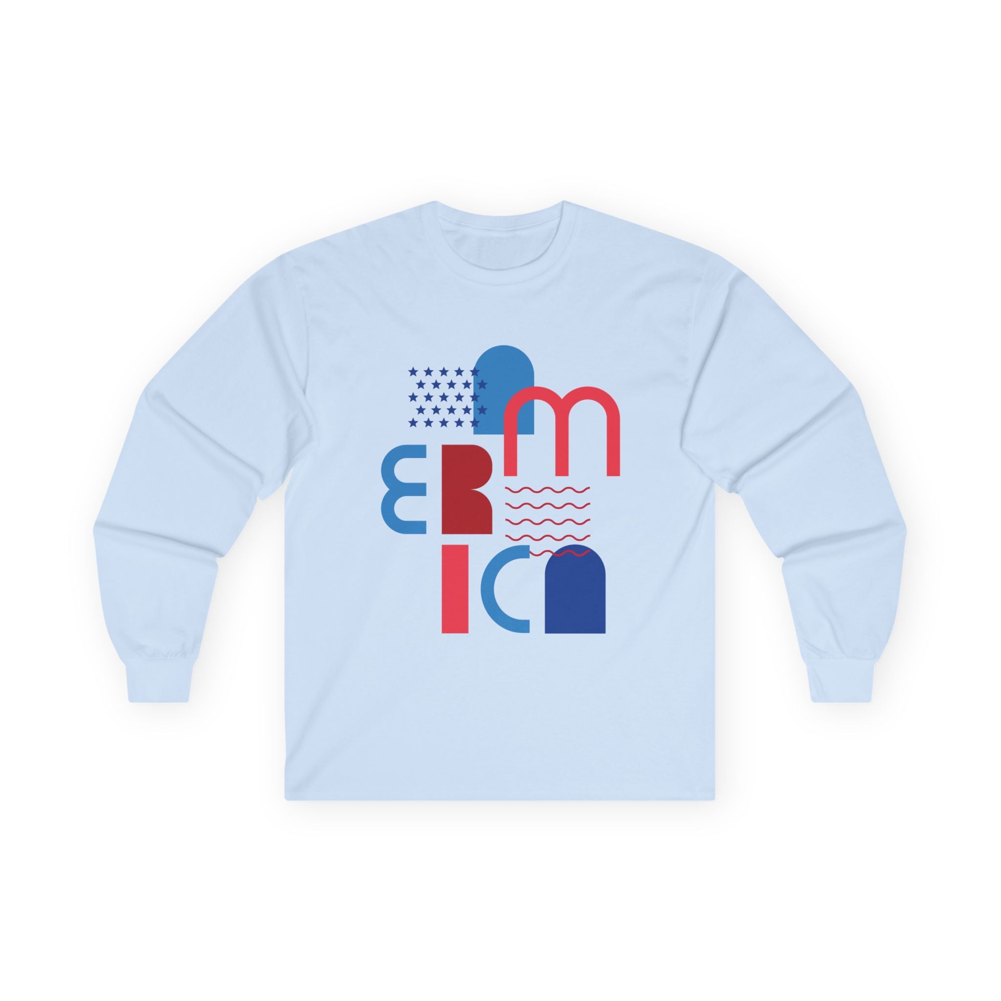 America Minimalist Long Sleeve Tee — Red & Blue Geometric Design