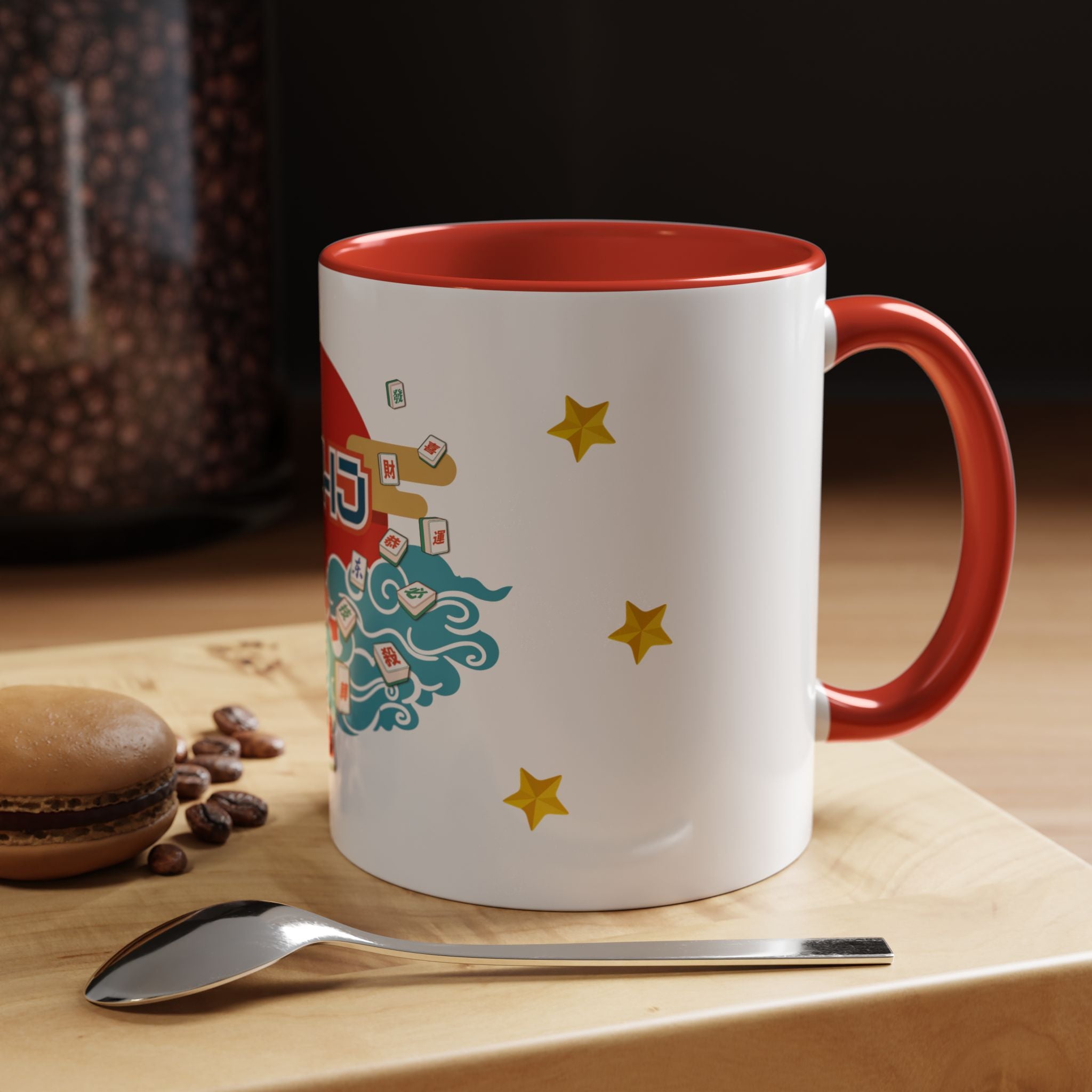 Mahjong Accent Coffee Mug — Retro Sun & Wave Mahjong Tiles Design (11/15oz)