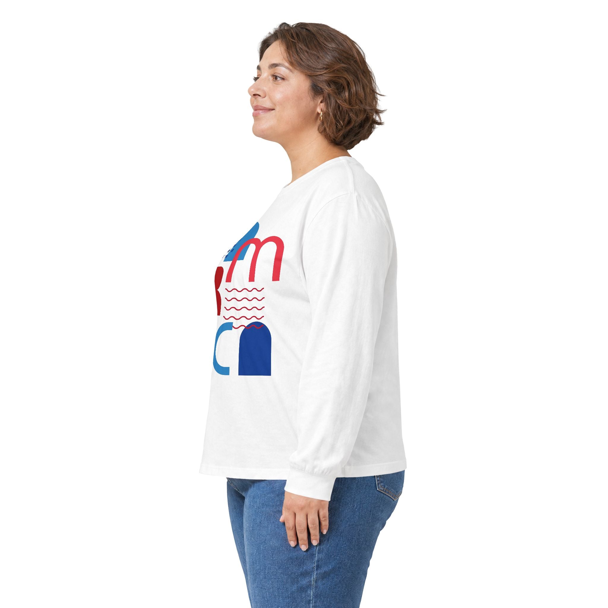 America Minimalist Long Sleeve Tee — Red & Blue Geometric Design