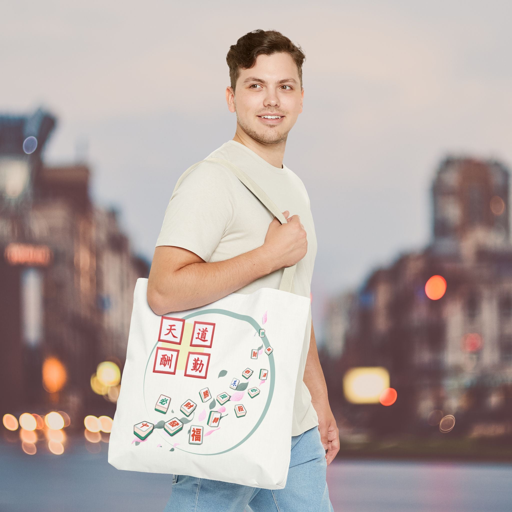 Mahjong Tiles Tote Bag — Zen Mahjong Design with Chinese Characters