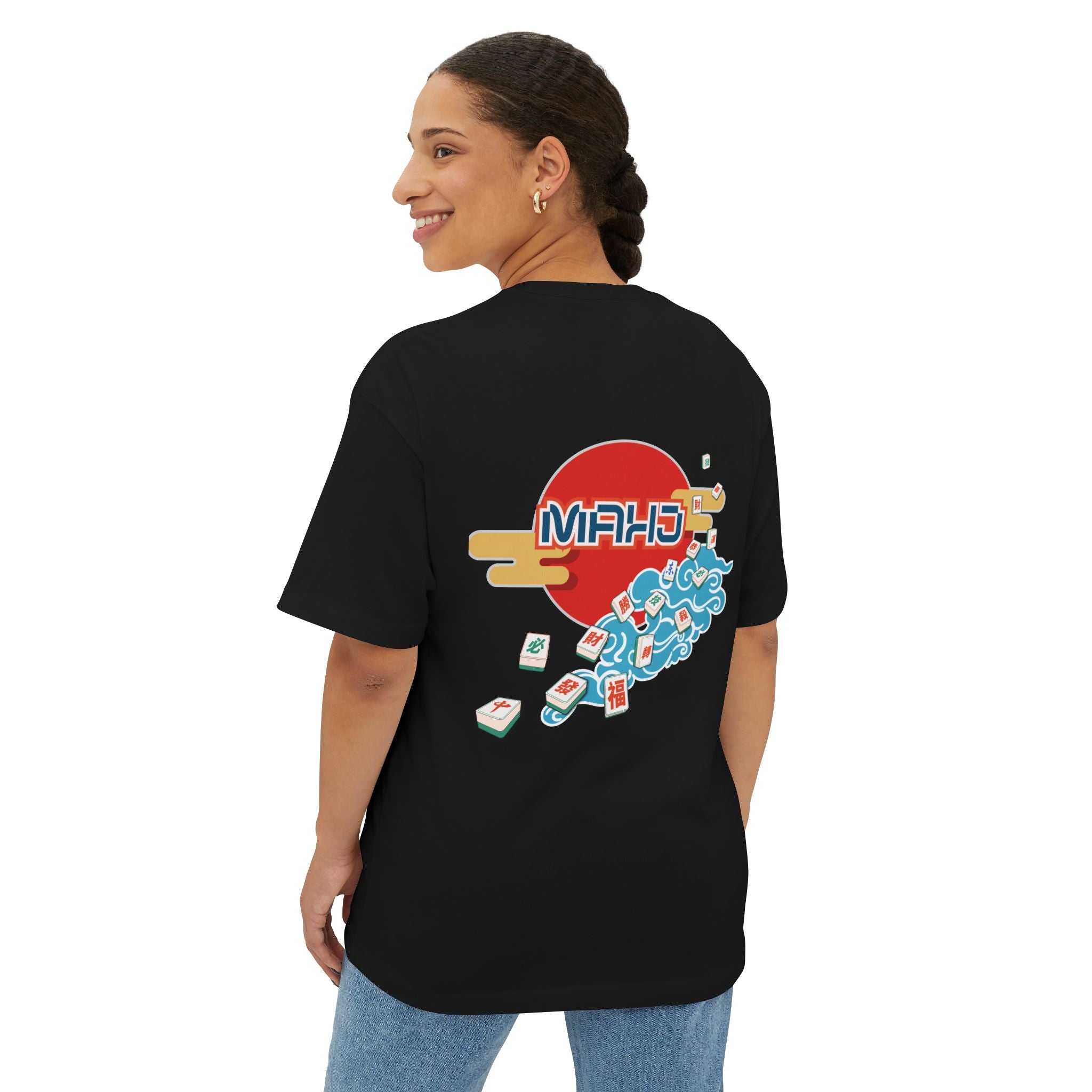 Mahjong Wave Graphic Tee with Back Graphic — Retro Sun Mahjong Tiles Oversized T-Shirt