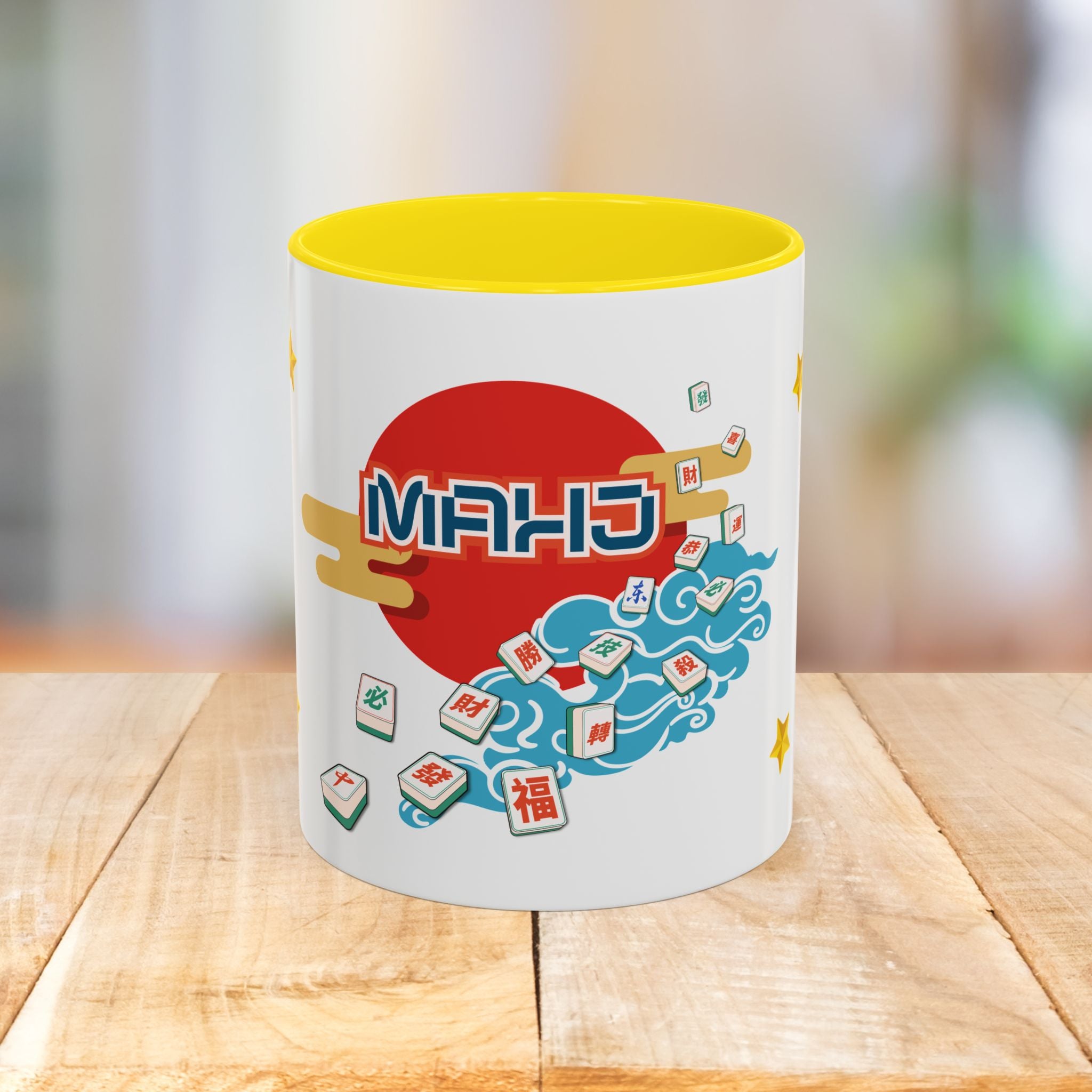 Mahjong Accent Coffee Mug — Retro Sun & Wave Mahjong Tiles Design (11/15oz)