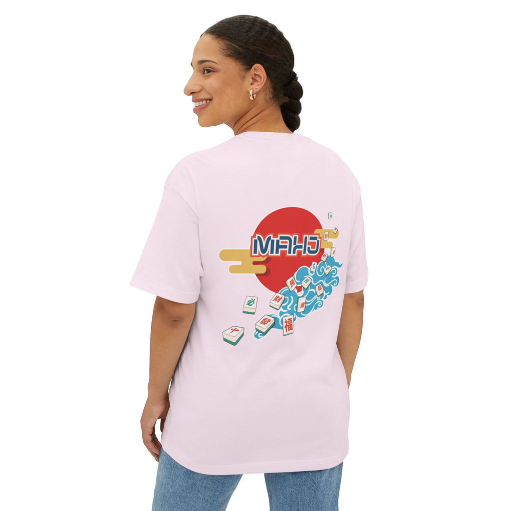 Mahjong Wave Graphic Tee with Back Graphic — Retro Sun Mahjong Tiles Oversized T-Shirt