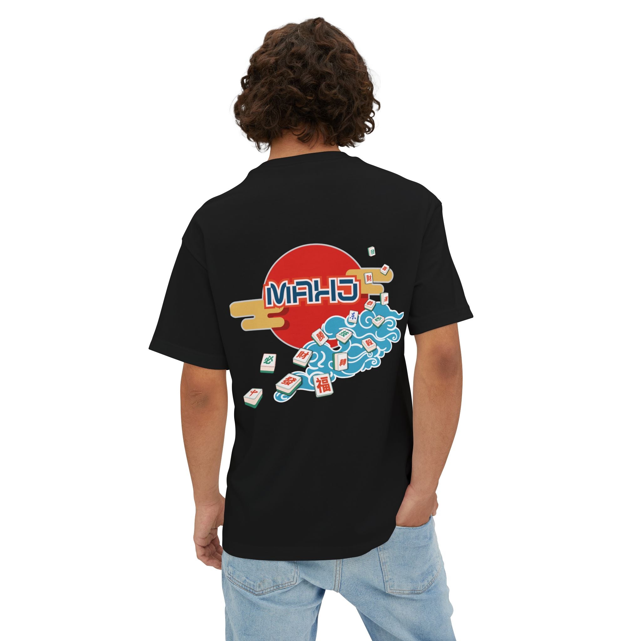 Mahjong Wave Graphic Tee — Retro Sun Mahjong Tiles Oversized T-Shirt