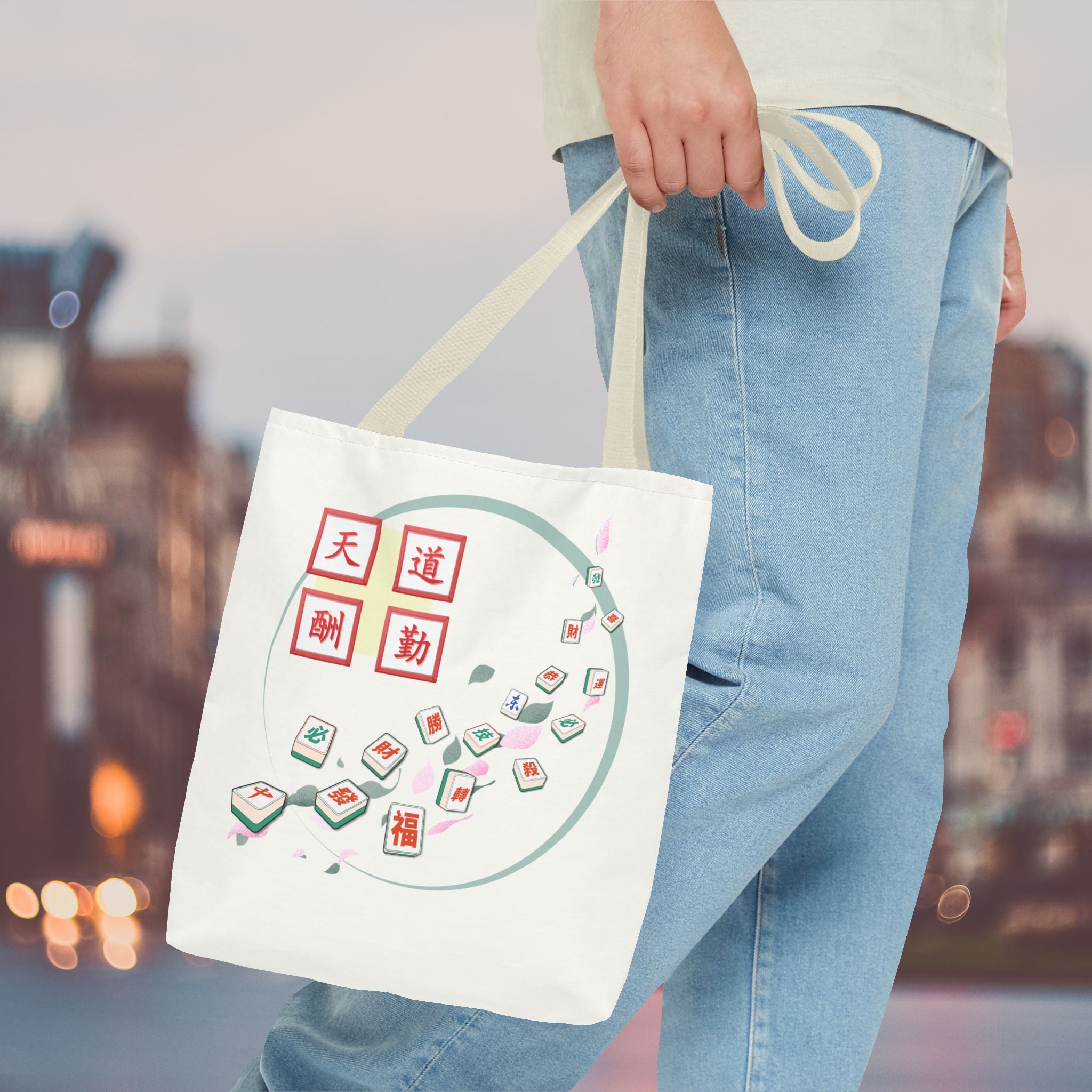 Mahjong Tiles Tote Bag — Zen Mahjong Design with Chinese Characters