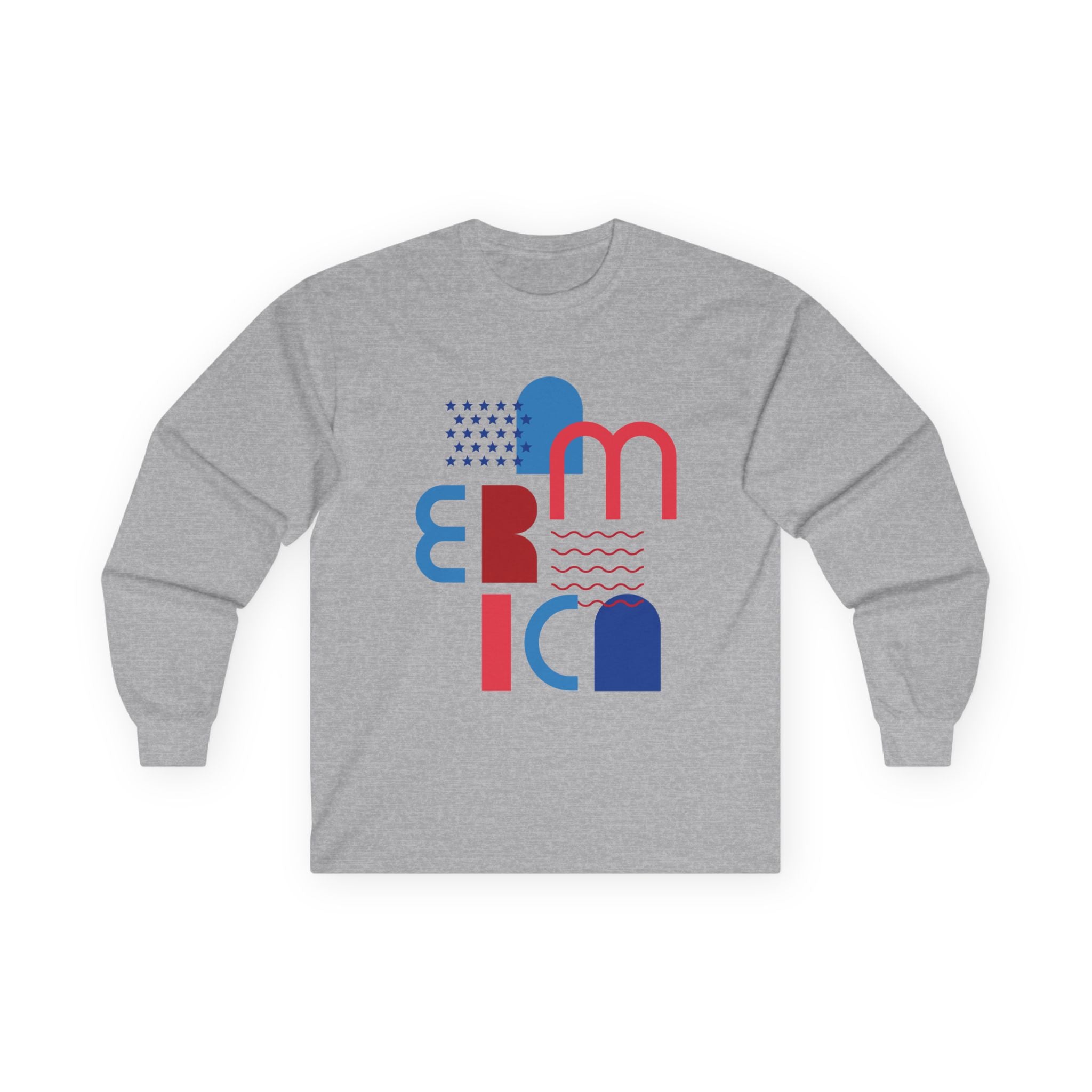 America Minimalist Long Sleeve Tee — Red & Blue Geometric Design