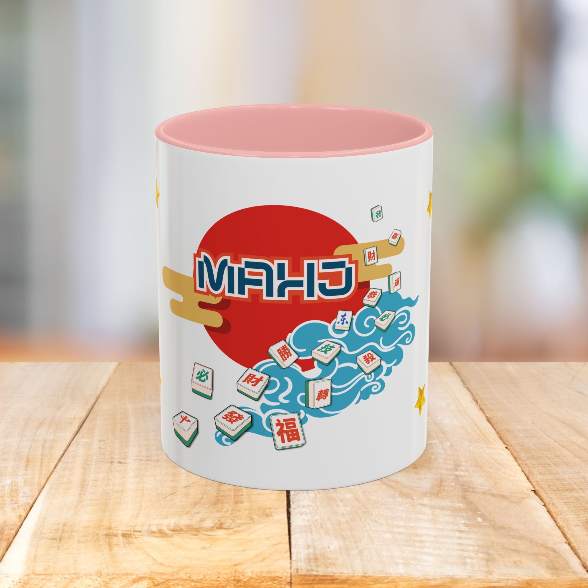 Mahjong Accent Coffee Mug — Retro Sun & Wave Mahjong Tiles Design (11/15oz)