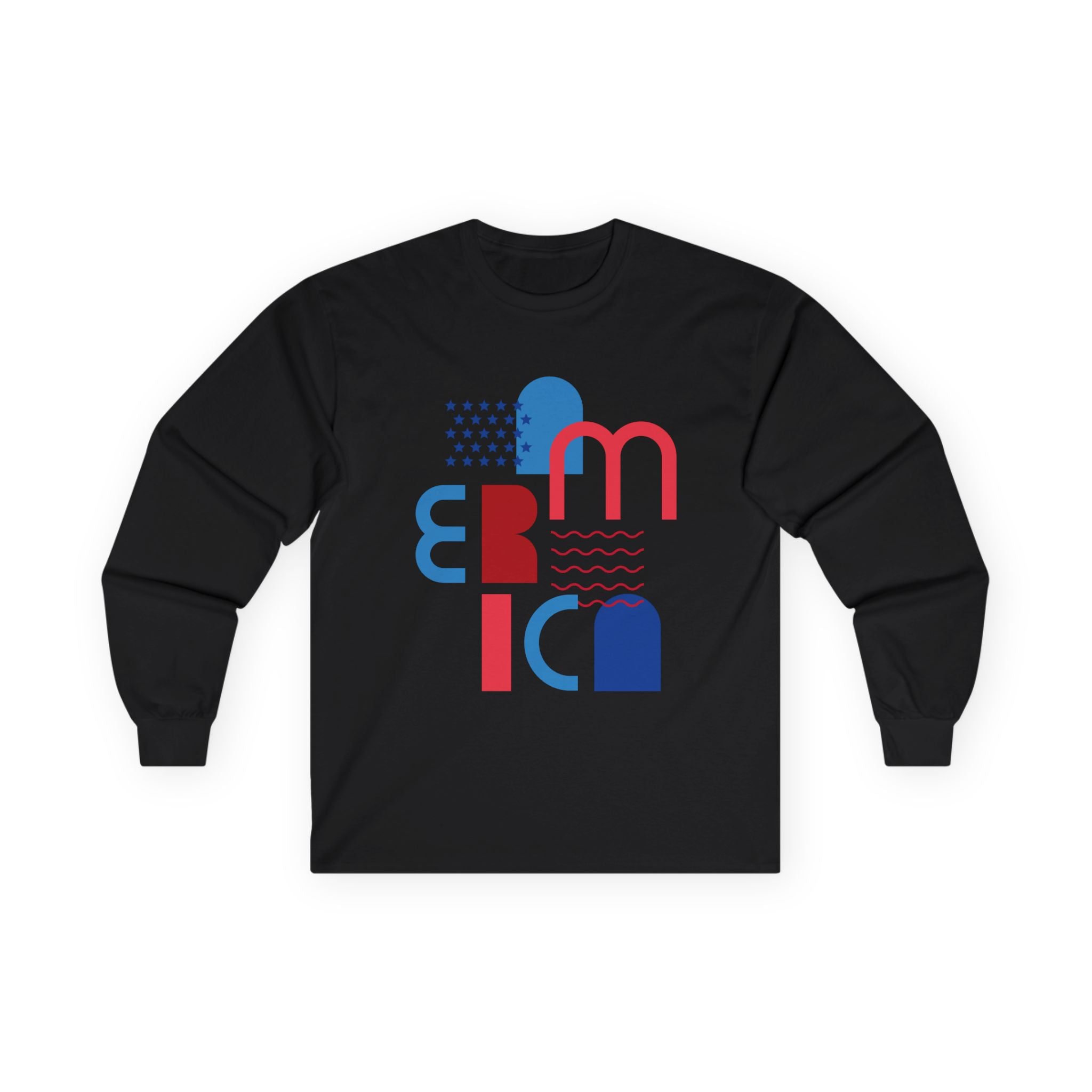 America Minimalist Long Sleeve Tee — Red & Blue Geometric Design