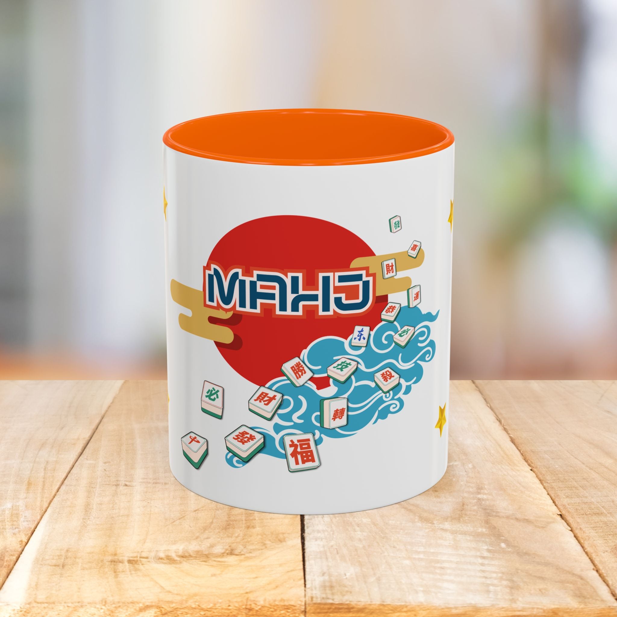 Mahjong Accent Coffee Mug — Retro Sun & Wave Mahjong Tiles Design (11/15oz)