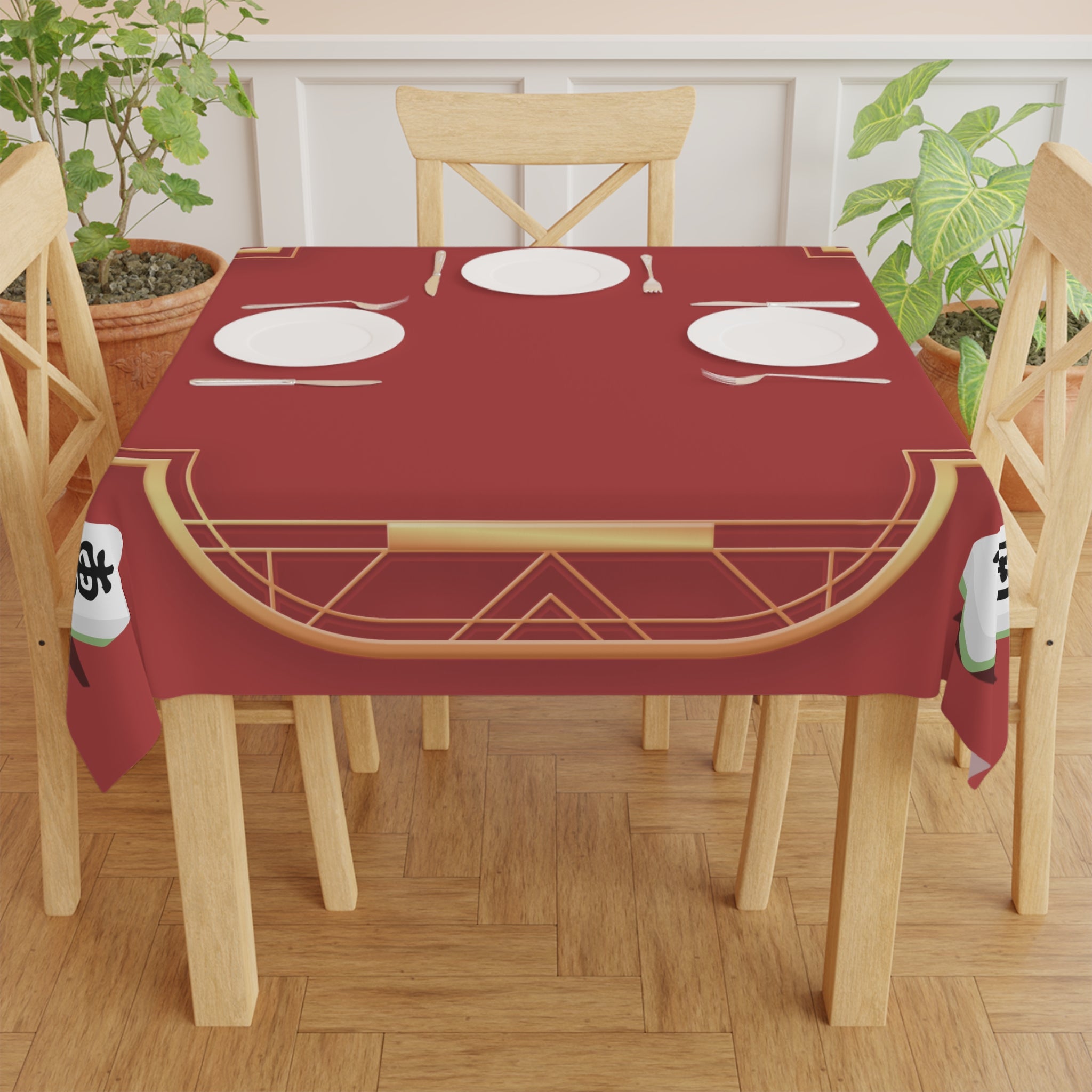 Mahjong Red Tablecloth — Elegant Gold-Trimmed Game Table Cover