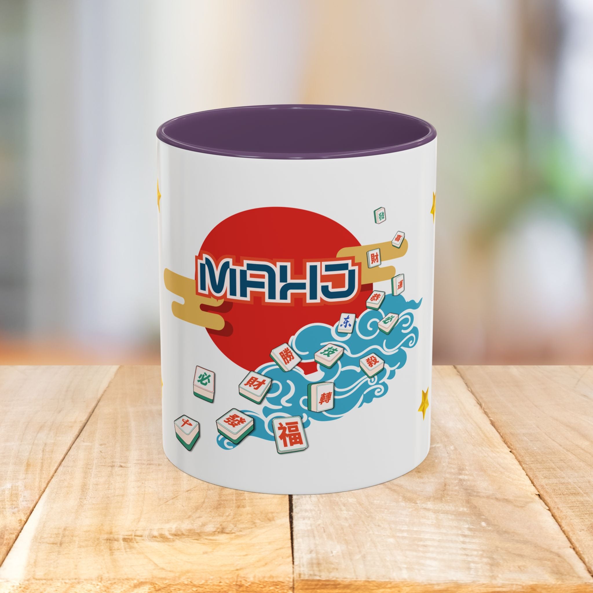 Mahjong Accent Coffee Mug — Retro Sun & Wave Mahjong Tiles Design (11/15oz)